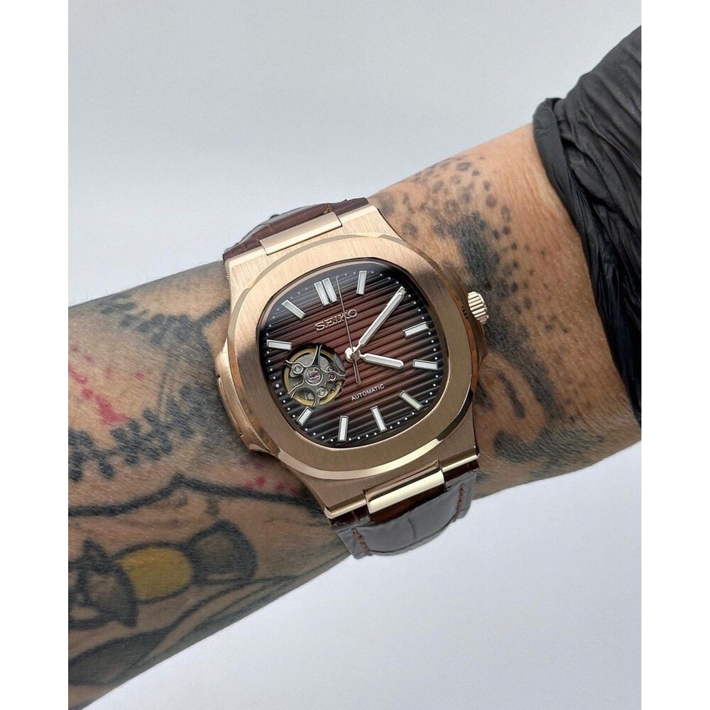 Custom Seiko Mod • Rose Gold Brown Open Heart Nautilus on Leather • 40mm